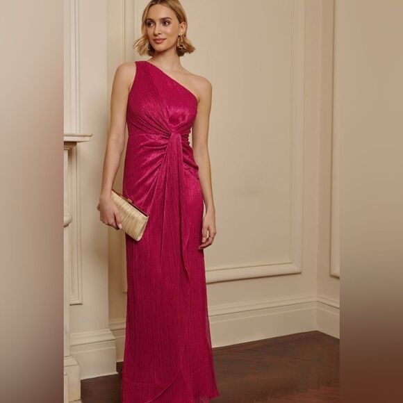 ADRIANNA PAPELL Magenta One Shoulder Shimmer Metallic Gown Twist NWT $248 - Picture 6 of 6